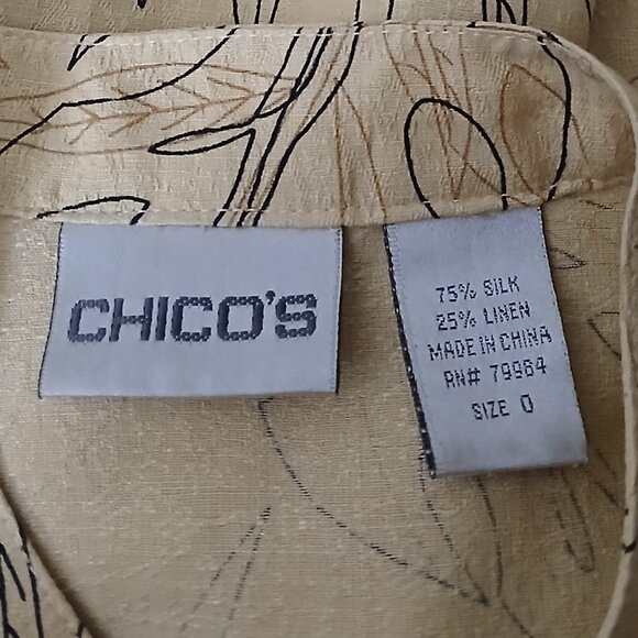 Chico's Blouse Size 0 S Silk Linen Blend Button Front Top Leaf Print Tan - Picture 8 of 9